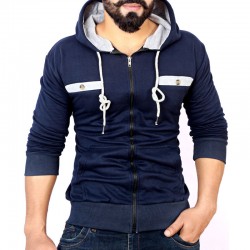 Navy Grey Tipping Pocket Style Fleece Hoodie FS-2542